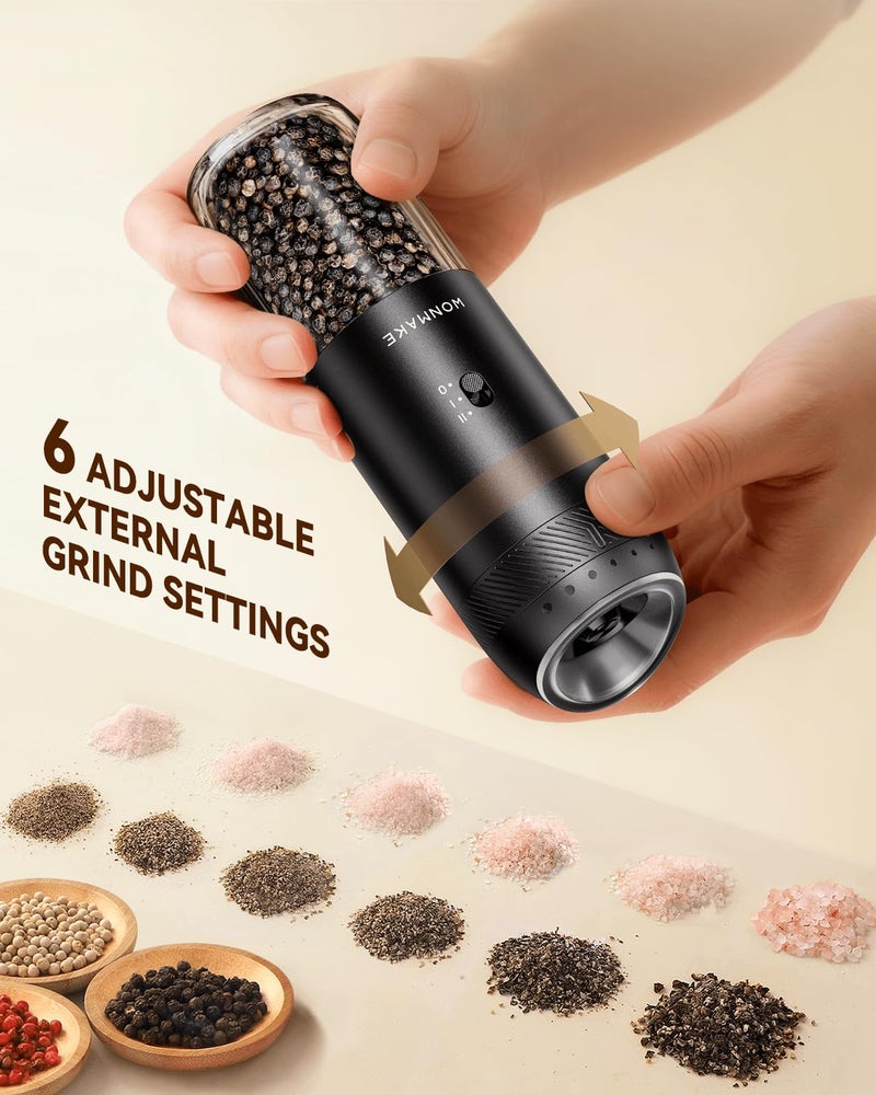 WONMAKE Gravity Electric Salt and Pepper Grinder Set with Charging Base, Automatic Salt and Pepper Mill, 6-Level Adjustable Coarseness, Dual Speed, and Large 5.95oz Capacity - Image 5