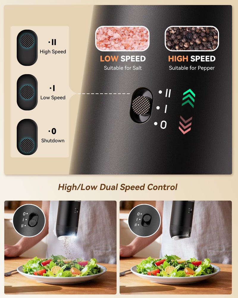 WONMAKE Gravity Electric Salt and Pepper Grinder Set with Charging Base, Automatic Salt and Pepper Mill, 6-Level Adjustable Coarseness, Dual Speed, and Large 5.95oz Capacity - Image 4