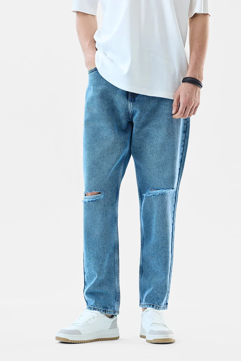 سنيتش Blue Solid Wide Leg Streetwear Jeans