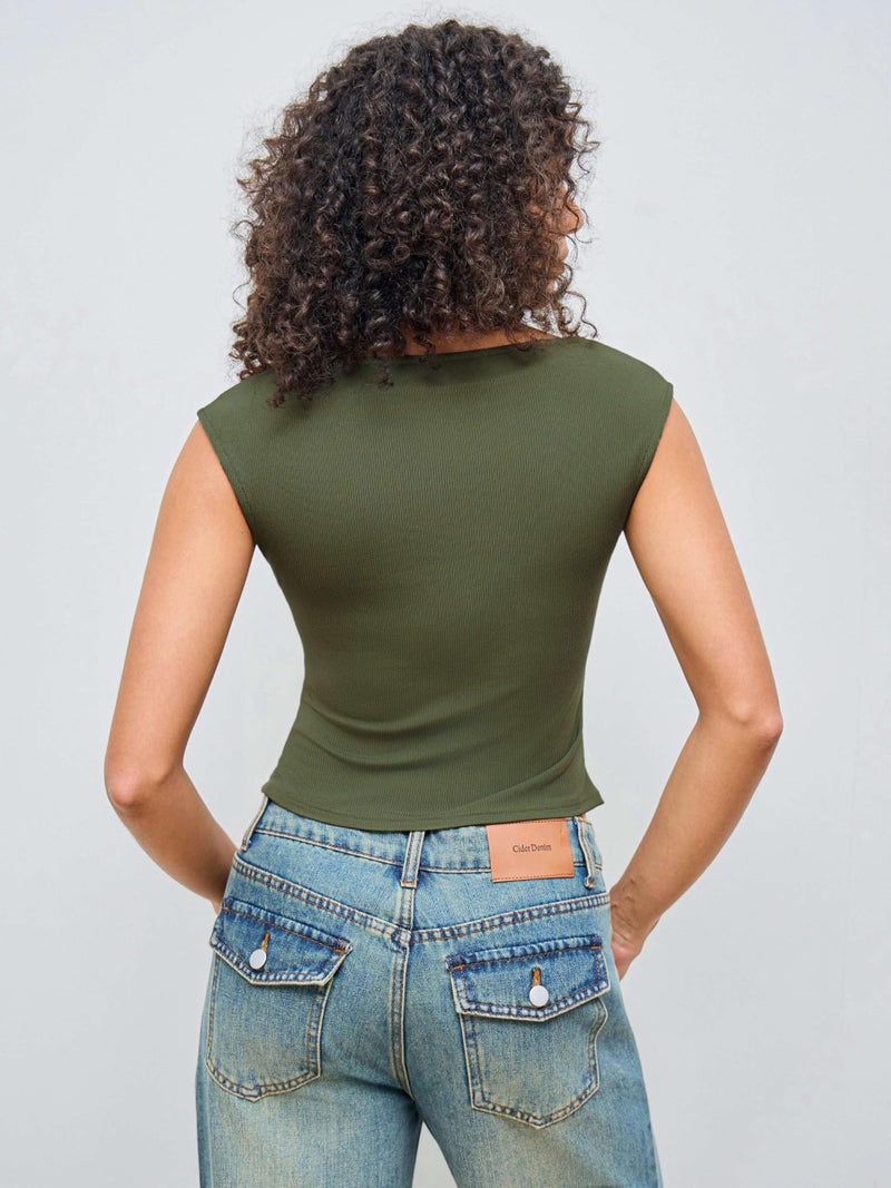 CIDER Boat Neck Tops for Women Sleeveless Ruched Crop Tank Tops Slim Fit Trendy Summer Outfits Casual Tee Shirt Olive Green - Image 5