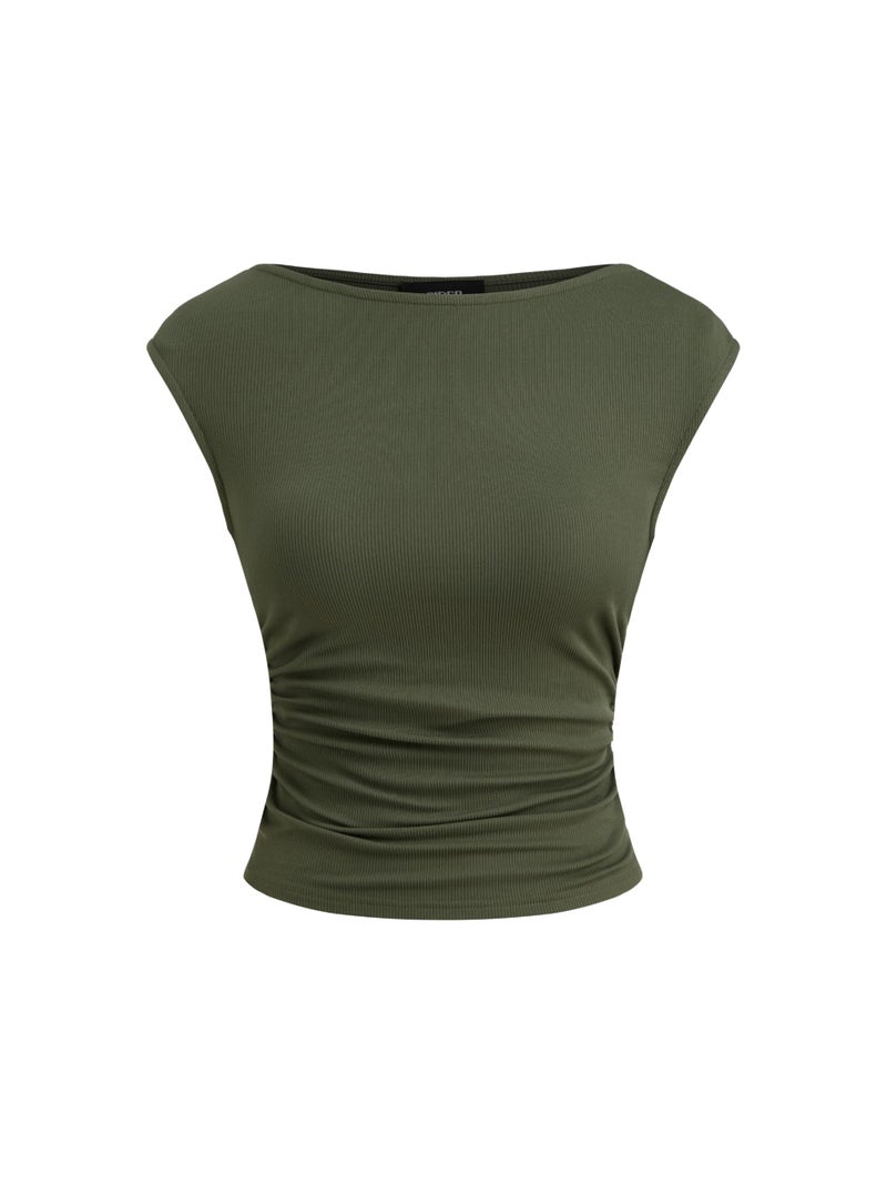 CIDER Boat Neck Tops for Women Sleeveless Ruched Crop Tank Tops Slim Fit Trendy Summer Outfits Casual Tee Shirt Olive Green - Image 1