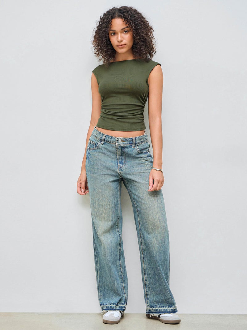 CIDER Boat Neck Tops for Women Sleeveless Ruched Crop Tank Tops Slim Fit Trendy Summer Outfits Casual Tee Shirt Olive Green - Image 4