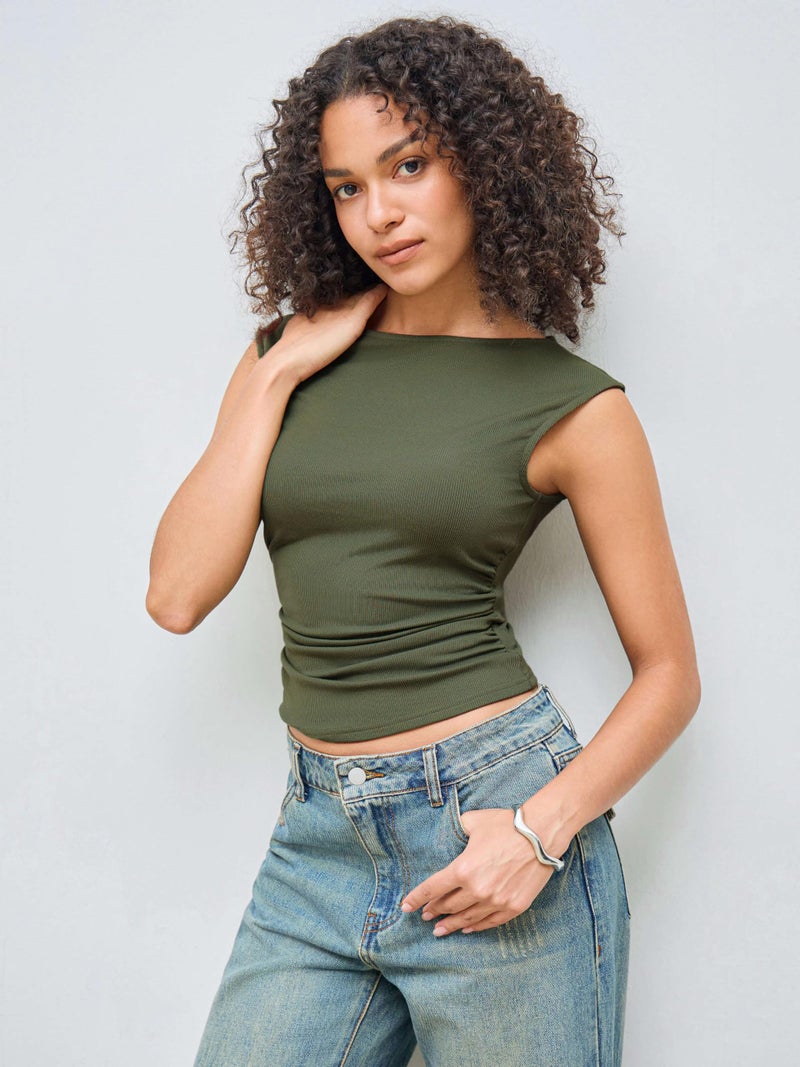 CIDER Boat Neck Tops for Women Sleeveless Ruched Crop Tank Tops Slim Fit Trendy Summer Outfits Casual Tee Shirt Olive Green - Image 3