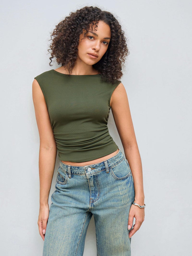CIDER Boat Neck Tops for Women Sleeveless Ruched Crop Tank Tops Slim Fit Trendy Summer Outfits Casual Tee Shirt Olive Green - Image 2