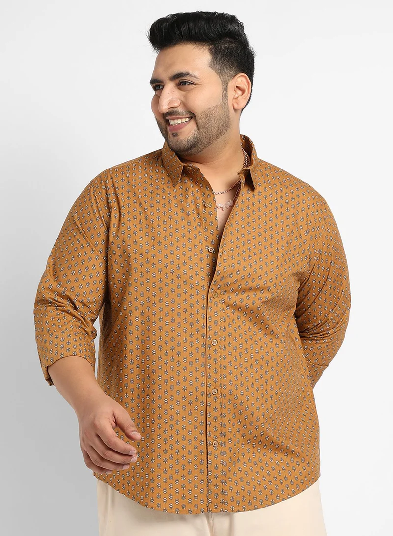 Instafab Plus Instafab Plus Men's Tan Brown Micro Flower Shirt For Casual Wear | Spread Collar | Long Sleeve | Button Closure | Cotton Shirt Crafted With Comfort Fit For Everyday Wear