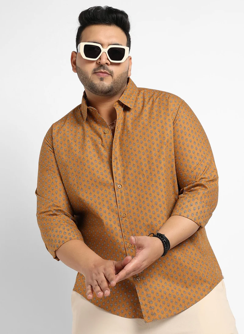 Instafab Plus Instafab Plus Men's Tan Brown Micro Flower Shirt For Casual Wear | Spread Collar | Long Sleeve | Button Closure | Cotton Shirt Crafted With Comfort Fit For Everyday Wear