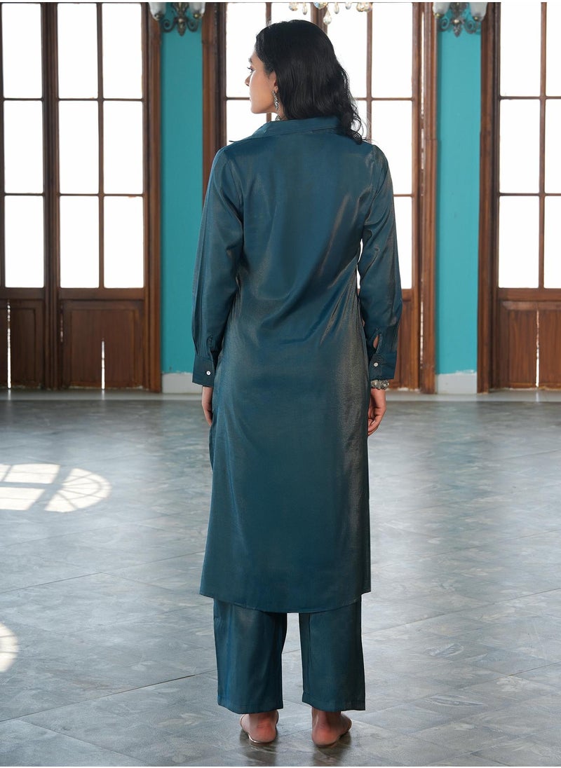  قصة Women's Aegean Blue Dusk Ensemble Kurta Set  - Image 4