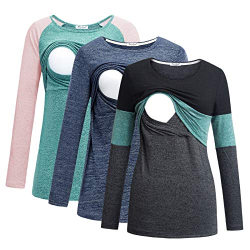 Bearsland Women's 3 Packs Maternity Clothes Long Sleeves Breastfeeding Shirts Nursing Top,Blue+grnpink+blkgrngry,M - Image 1
