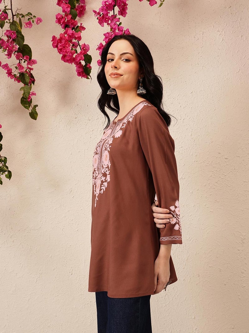 QAZMI Women's Kashmiri A-Line Flared Kurti_M Brown - Image 4
