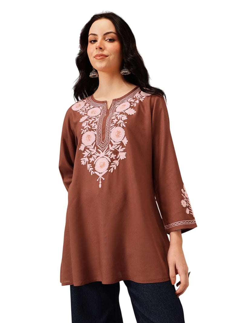 QAZMI Women's Kashmiri A-Line Flared Kurti_M Brown - Image 1
