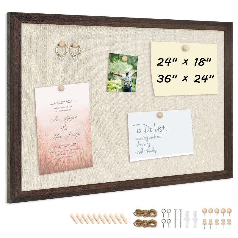DOLLAR BOSS Bulletin Board with Linen 24'' x 18'' Wood Framed Cork Boards for Walls, Photo Display Pin Board, Decorative Corkboard for Office Home School Dorm Decor with 10 Pushpins, Dark Walnut - Image 1