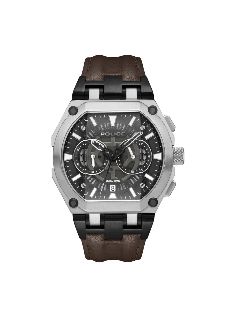 POLICE Shield Black Dial Brown Leather Strap Gents Chronograph Watch With Stainless Steel Case