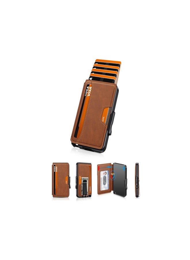 SEMORID Wallet for Men, Mens Wallet Minimalist Slim Wallet, RFID Blocking Smart Pop Up Wallet with Money Clip & ID Window, Metal Compact Wallet, Aluminum Credit Card Holder Wallet, Brown - Image 1