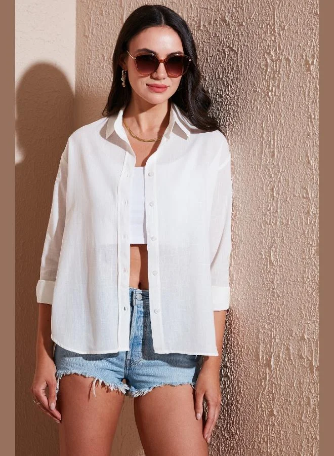 ليلا قميص نسائي بقصة عادية، قصير من الأمام وطويل من الخلف، من مزيج الكتان والقطن