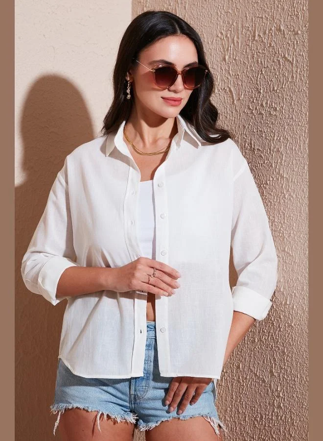 ليلا قميص نسائي بقصة عادية، قصير من الأمام وطويل من الخلف، من مزيج الكتان والقطن