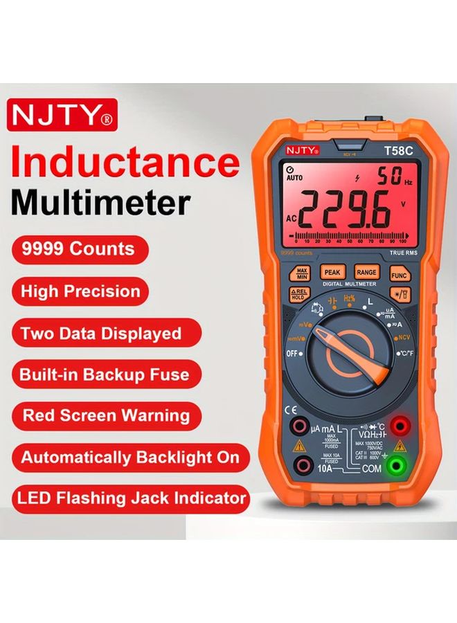 T58C ملتي ميتر رقمي TRMS 9999 عد الكشف عن الجهد غير الملامس النطاق التلقائي للجهد والتيار والمقاومة - Image 3