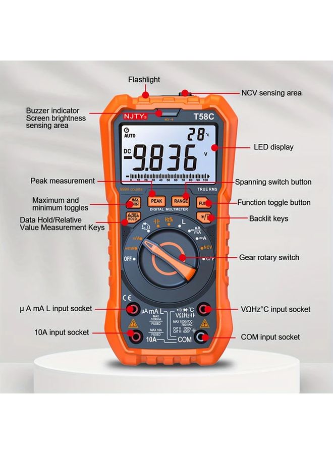 T58C ملتي ميتر رقمي TRMS 9999 عد الكشف عن الجهد غير الملامس النطاق التلقائي للجهد والتيار والمقاومة - Image 4