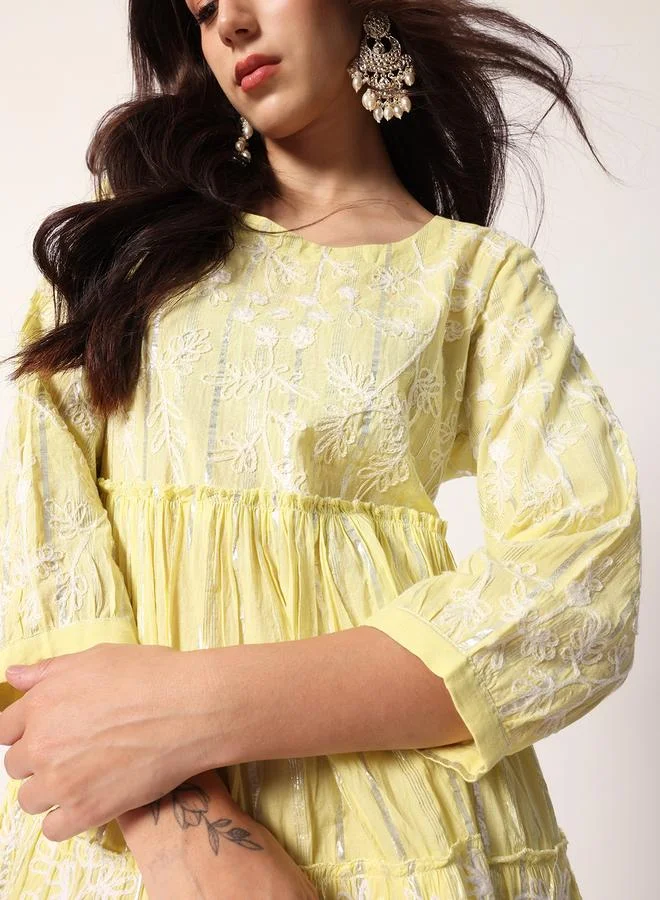 ISHIN Women's Yellow Cotton Textured Mini Smock Regular Fit Dress