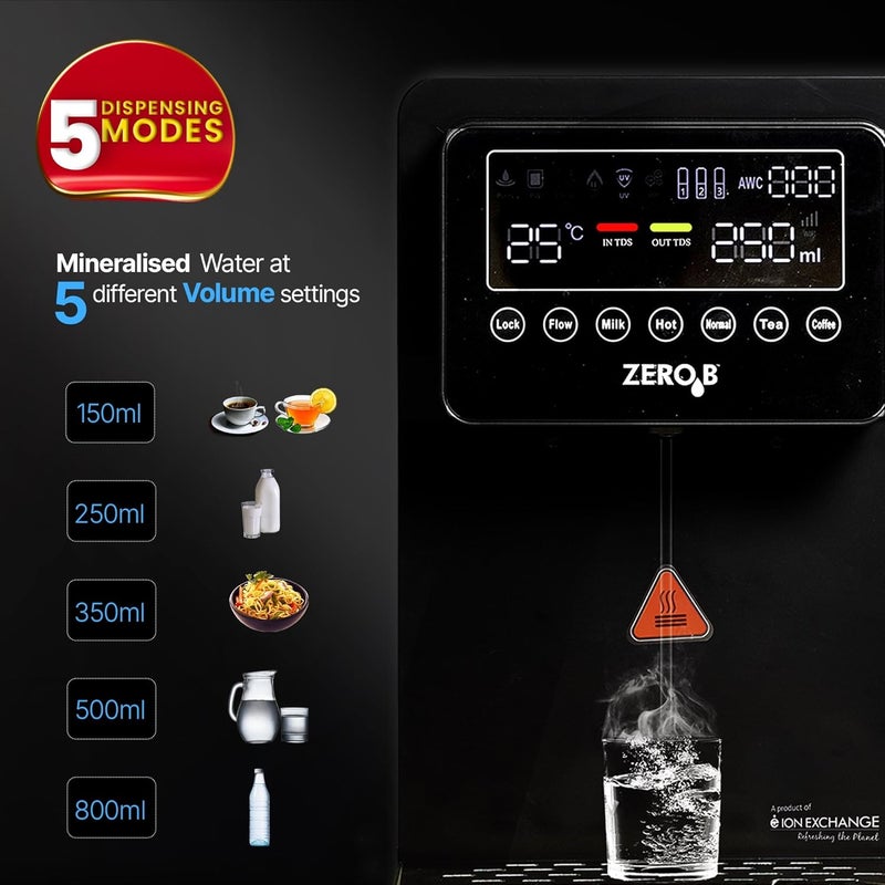 Zero B Ignite Sleekest Instant Hot and Ambient Multistage RO Purifier Portable 5 Temperature Options 8Feather Touch Display Save Water Upto 80 TDS filter tracker For all Water Sources