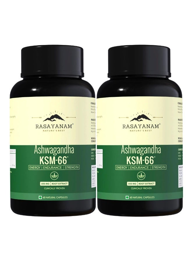 راسايانام أشواغاندا KSM-66 (500 ملغ) عبوة من قطعتين | تركيبة طبيعية فائقة القوة لدعم القوة والطاقة، مستخلص نبات الأشواغاندا | 120 كبسولة نباتية للرجال والنساء - Image 1