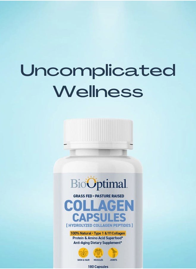 BioOptimal Collagen Peptides Capsules - Grass-Fed, Pasture-Raised Hydrolyzed Protein Supplement for Skin, Hair, & Nails - Non-GMO, Zero Sugar Daily Pills for Men & Women (180 Capsules)  - Image 2