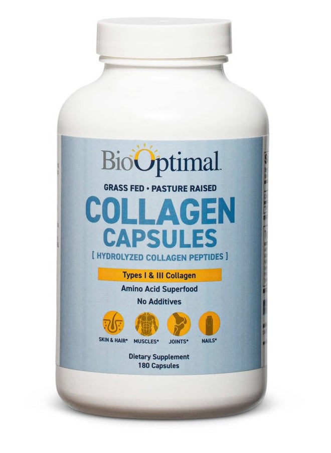 BioOptimal Collagen Peptides Capsules - Grass-Fed, Pasture-Raised Hydrolyzed Protein Supplement for Skin, Hair, & Nails - Non-GMO, Zero Sugar Daily Pills for Men & Women (180 Capsules)  - Image 1