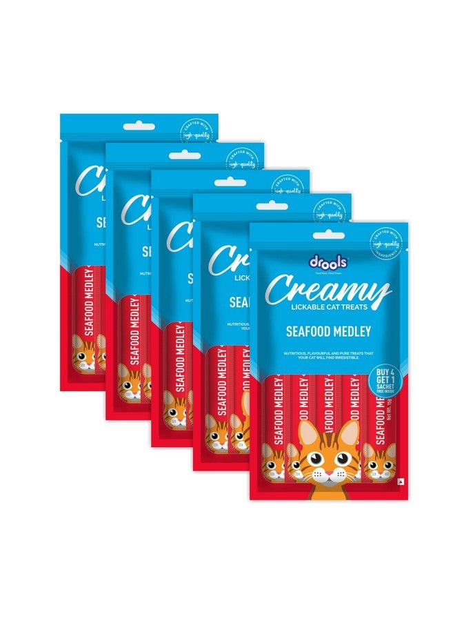 Drools Creamy Lickable Cat Treat Seafood Medely (Pack of 5 Pouches, 375g), All Life Stages - Image 1