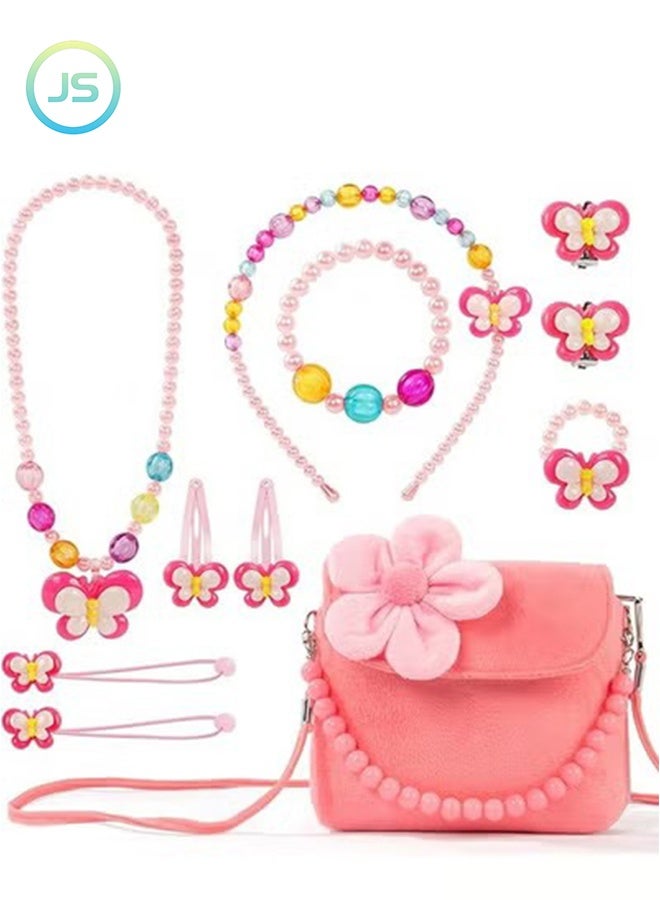 JS Little Girls Plush Handbags, Jewellery Set for Girls, Chain Necklace Bracelet Ring Jewellery Set, Cute Plush Handbag for Party Dress Up Gift (Pink) - Image 1