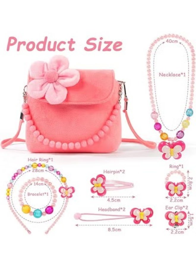 JS Little Girls Plush Handbags, Jewellery Set for Girls, Chain Necklace Bracelet Ring Jewellery Set, Cute Plush Handbag for Party Dress Up Gift (Pink) - Image 2