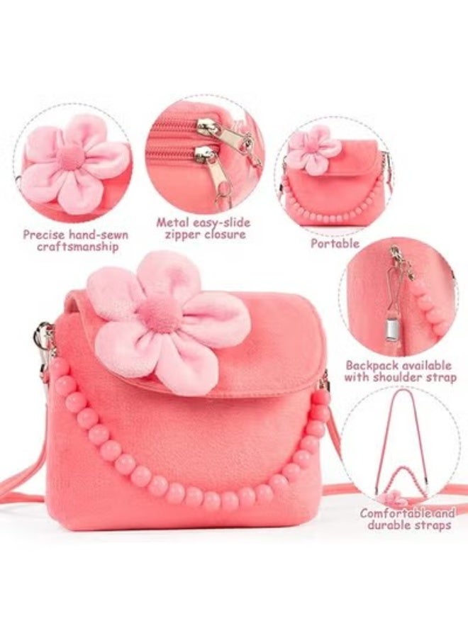 JS Little Girls Plush Handbags, Jewellery Set for Girls, Chain Necklace Bracelet Ring Jewellery Set, Cute Plush Handbag for Party Dress Up Gift (Pink) - Image 3