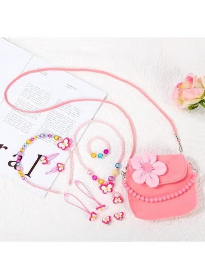 JS Little Girls Plush Handbags, Jewellery Set for Girls, Chain Necklace Bracelet Ring Jewellery Set, Cute Plush Handbag for Party Dress Up Gift (Pink) - Image 4