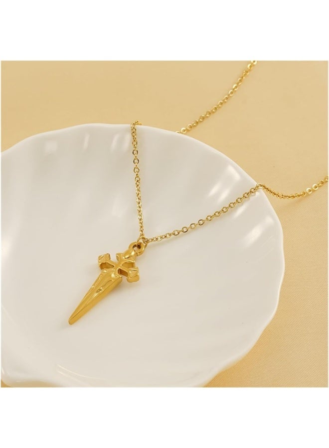 Julia Store 18K Gold Plated Stainless Steel Trendy Chic Cross Razor Blade Dagger Sword Knife Steampunk Gear Hip Hop Pendant Necklace Jewelry Gift - 50 cm Length Necklace - Image 4