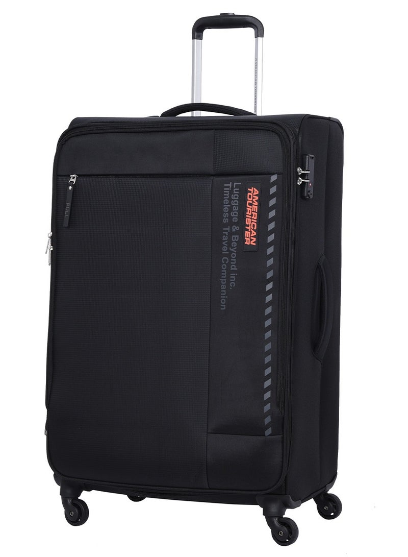 AMERICAN TOURISTER Marina Suitcase, Check-In Size 81 cm / 30 inch, 4 Spinner Wheels, Soft Top, 100% Polyester, Black|Inner Mesh Zippered Pocket|Expandable|TSA Lock|Voluminous Front Pocket - 3 Years International Warranty - Image 1