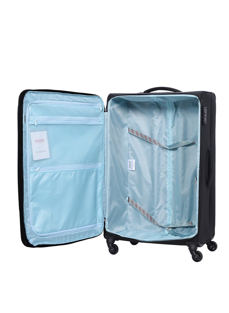 AMERICAN TOURISTER Marina Suitcase, Check-In Size 81 cm / 30 inch, 4 Spinner Wheels, Soft Top, 100% Polyester, Black|Inner Mesh Zippered Pocket|Expandable|TSA Lock|Voluminous Front Pocket - 3 Years International Warranty - Image 4