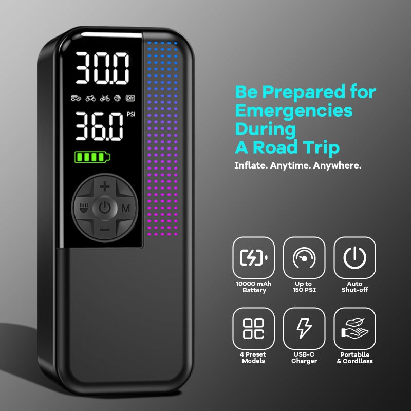 WEOLULI Tire Inflator Portable Air Compressor,150 PSI Cordless Air Pump, 12V DC Car Plug,Dual Power 10000mAh, Fast Inflation 24L/Min, 4 Preset Modes for Car, Bike, Motorcycle, Balls (Black, 10000mAh) - Image 2