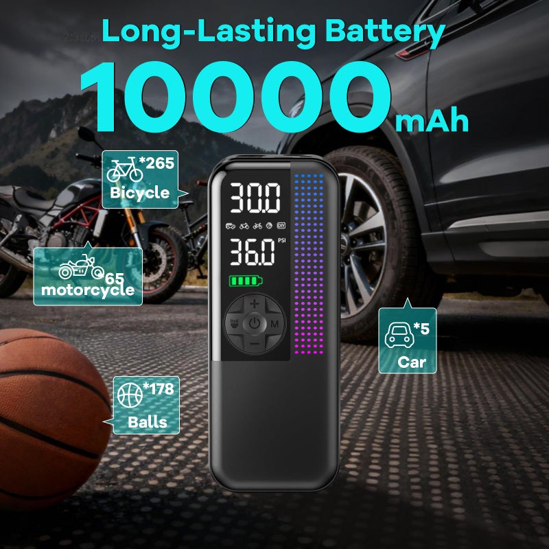 WEOLULI Tire Inflator Portable Air Compressor,150 PSI Cordless Air Pump, 12V DC Car Plug,Dual Power 10000mAh, Fast Inflation 24L/Min, 4 Preset Modes for Car, Bike, Motorcycle, Balls (Black, 10000mAh) - Image 5