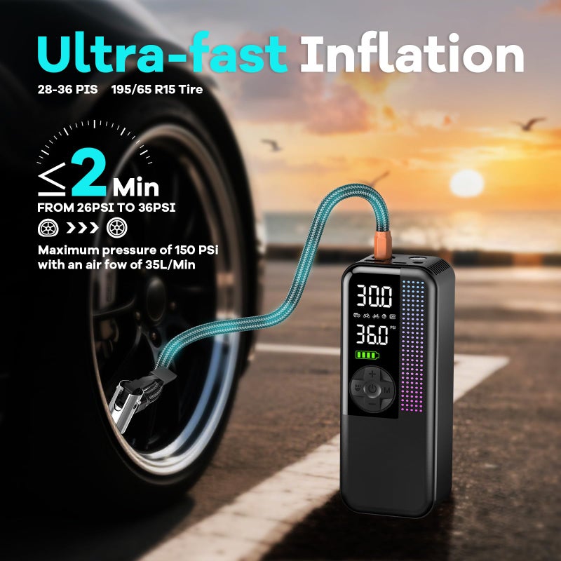 WEOLULI Tire Inflator Portable Air Compressor,150 PSI Cordless Air Pump, 12V DC Car Plug,Dual Power 10000mAh, Fast Inflation 24L/Min, 4 Preset Modes for Car, Bike, Motorcycle, Balls (Black, 10000mAh) - Image 3