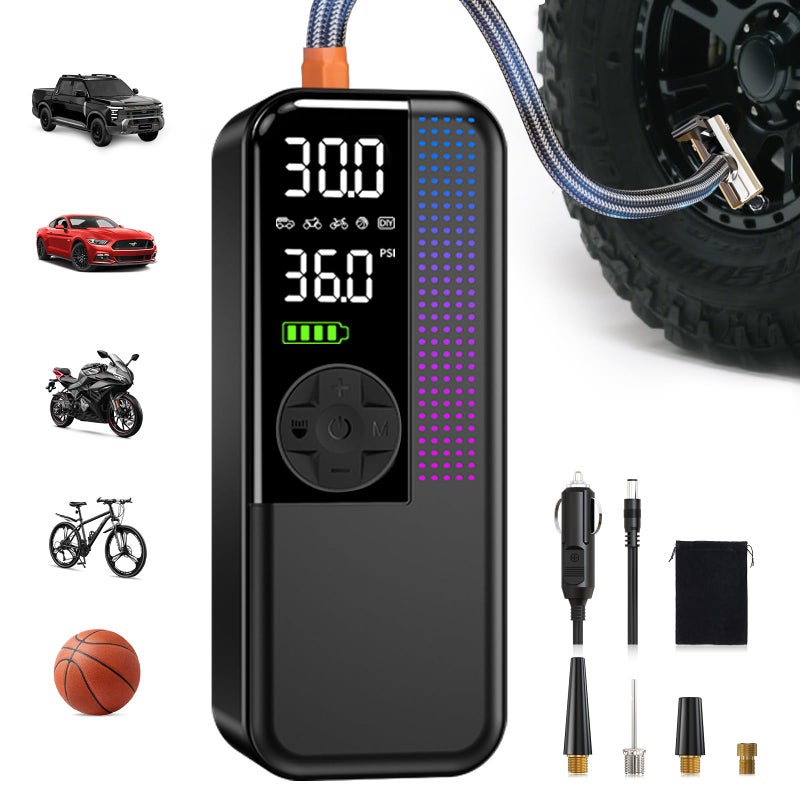 WEOLULI Tire Inflator Portable Air Compressor,150 PSI Cordless Air Pump, 12V DC Car Plug,Dual Power 10000mAh, Fast Inflation 24L/Min, 4 Preset Modes for Car, Bike, Motorcycle, Balls (Black, 10000mAh) - Image 1
