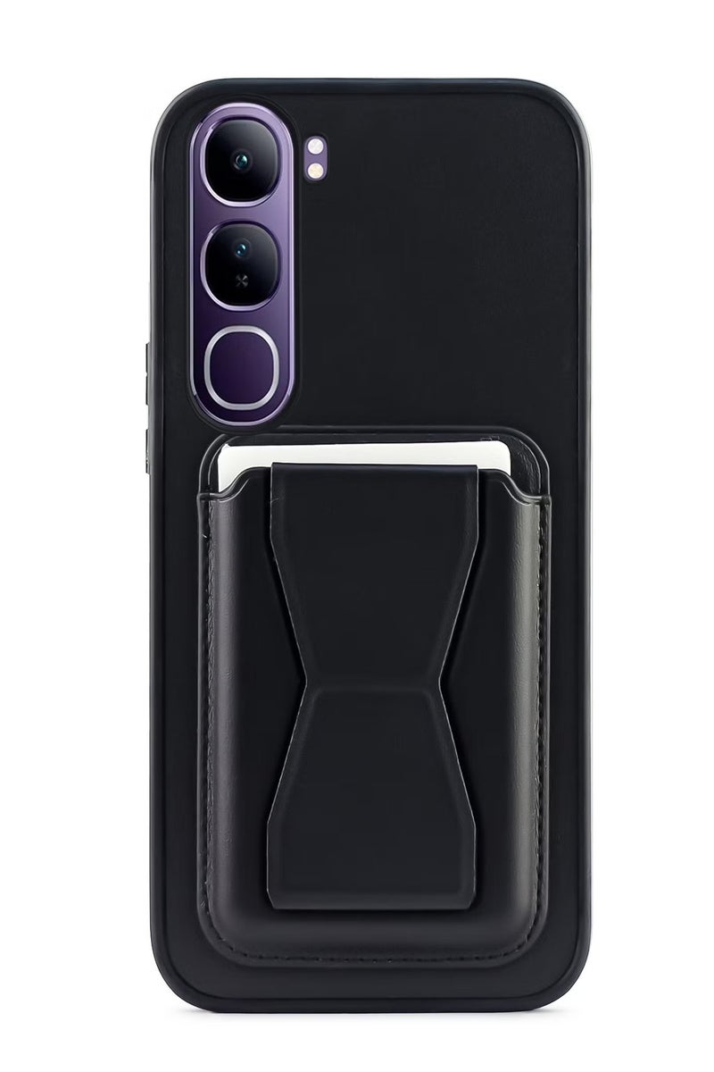 Leather back cover with card wallet Foldable Shockpoof Case compatible with Vivo V40 Lite 4G (Black) 