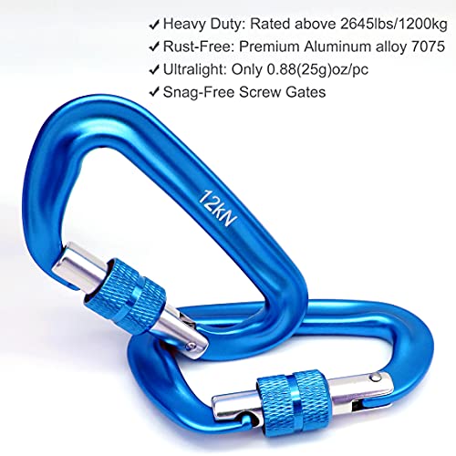 Outmate 12kN 3.2"x2" Heavy-Duty Carabiner Clips - Durable, Lightweight Aluminum Alloy Carabiners for Hiking, Camping, Keychains, Dog Leashes, Hammocks & More(Screw gate,2 Blue) - Image 2
