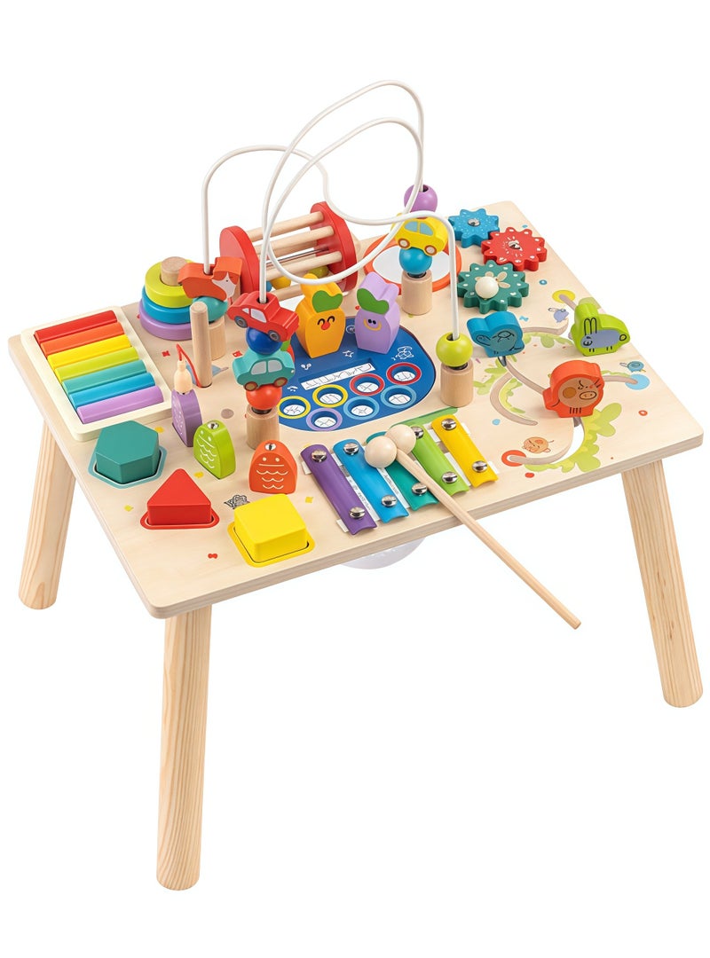 XICEN 12-in-1 Wooden Toddler Activity Table, Montessori Busy Learning Table with Bead Maze, Xylophone, Shape Sorter, Early Educational Play Table for Kids 1 2 3 Years Old, Gift for Boys Girls, Magnetic Fishing Sensory Toys, Activity Center for Preschool - Image 1