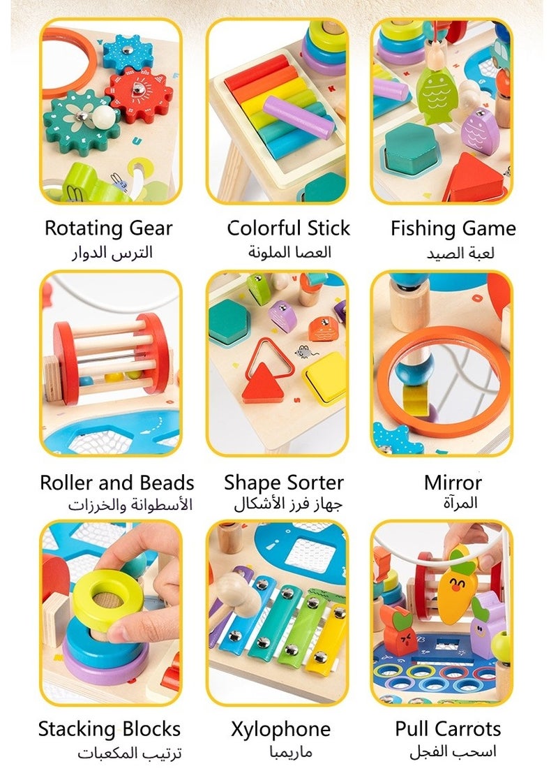 XICEN 12-in-1 Wooden Toddler Activity Table, Montessori Busy Learning Table with Bead Maze, Xylophone, Shape Sorter, Early Educational Play Table for Kids 1 2 3 Years Old, Gift for Boys Girls, Magnetic Fishing Sensory Toys, Activity Center for Preschool - Image 3