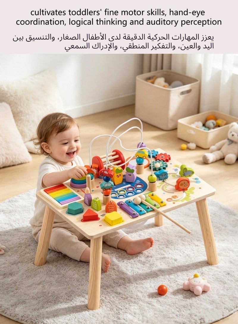 XICEN 12-in-1 Wooden Toddler Activity Table, Montessori Busy Learning Table with Bead Maze, Xylophone, Shape Sorter, Early Educational Play Table for Kids 1 2 3 Years Old, Gift for Boys Girls, Magnetic Fishing Sensory Toys, Activity Center for Preschool - Image 4
