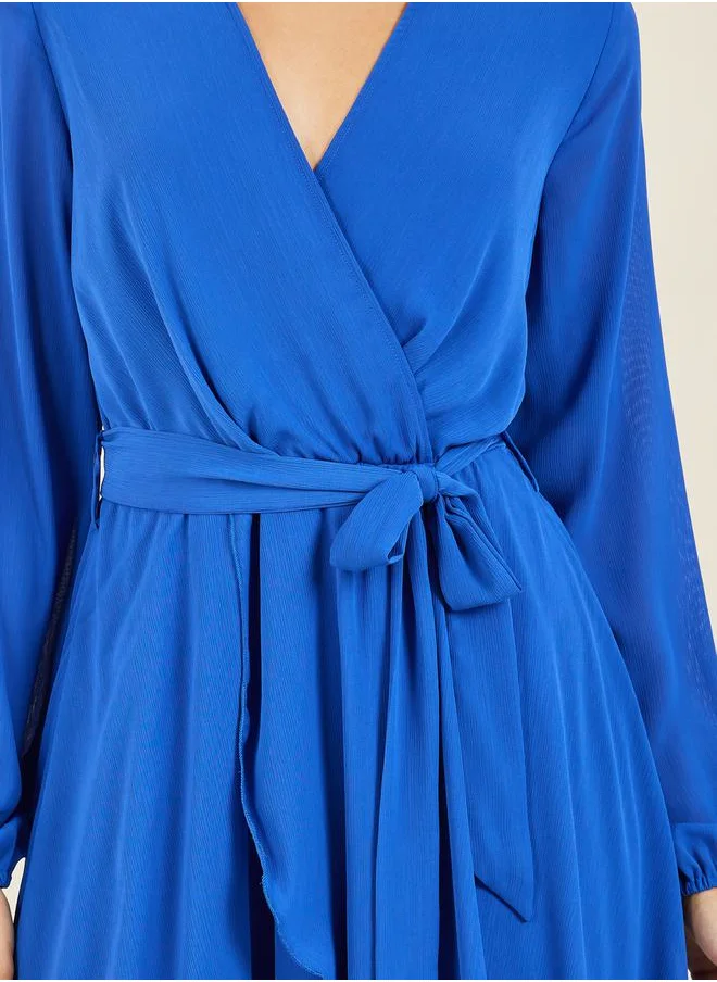 Styli Solid Asymmetric Hem Self Tie A-Line Midi Dress