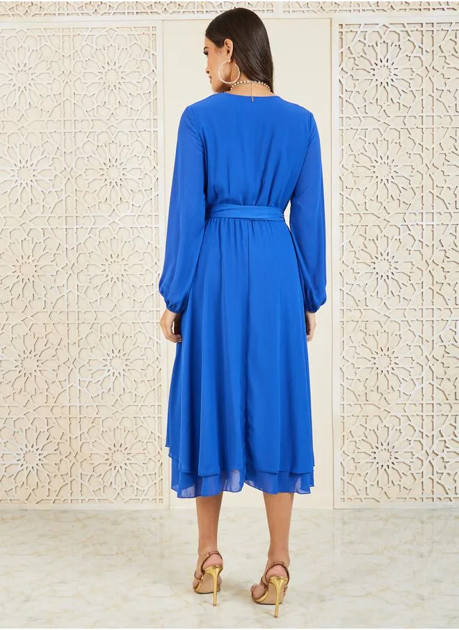 Styli Solid Asymmetric Hem Self Tie A-Line Midi Dress