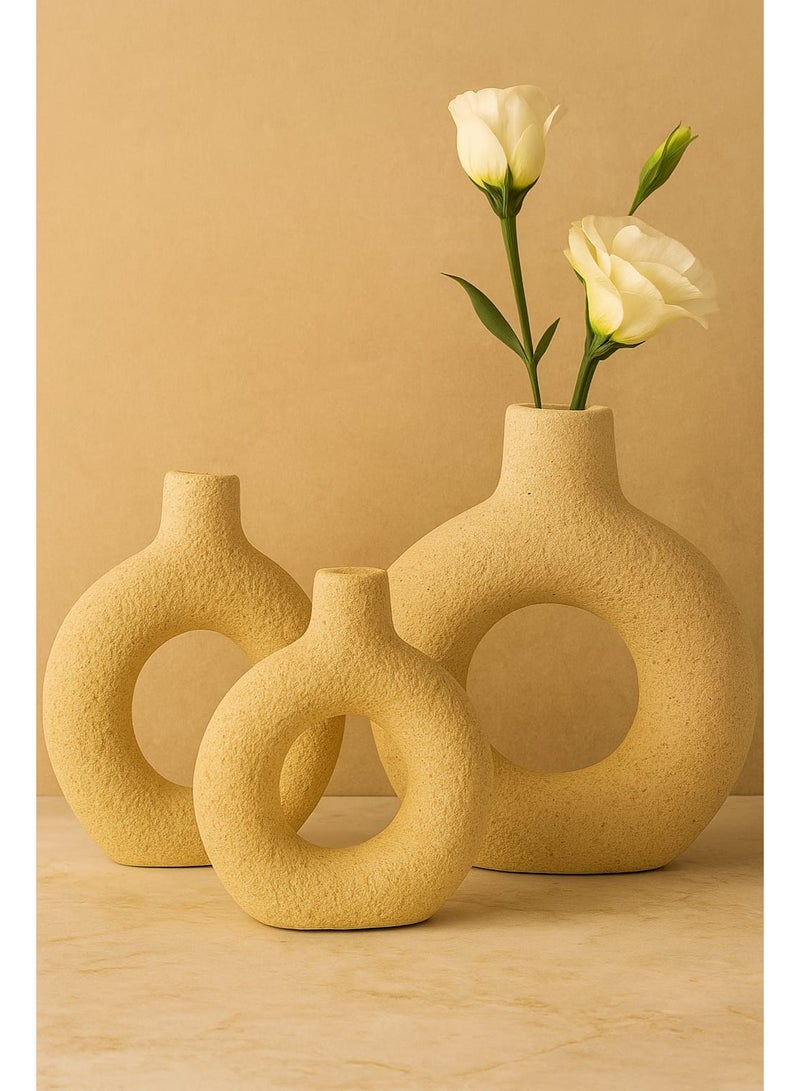 Beige Dotted Pottery Vases With Donut Pattern - Pampas Vase | Enhanced Shape | Home Decor Centerpieces | Pottery Donut Vase - (Set Of 3) 20, 15, And 10 Cm