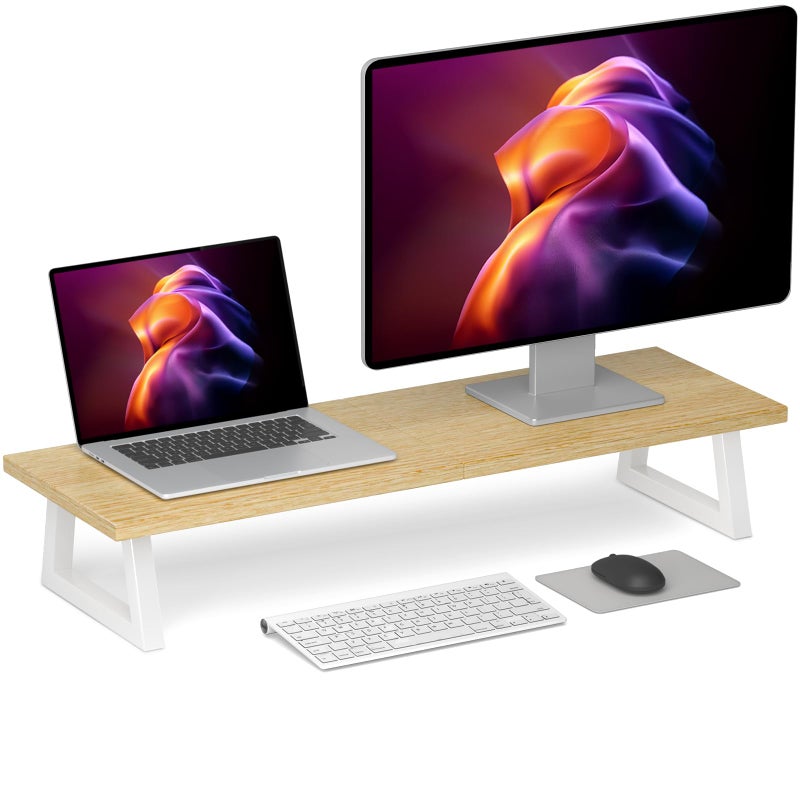 TEAMIX 315 inch Dual Monitor Riser Wide TV Stand for 2 Monitors Wood Steel Desktop Riser for Dual Screen Office Desk Organization