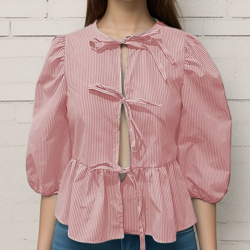 Womens Lace-Up Front Top Leopard Print Ruffled Doll Top 3/4 Length Puff Sleeve red thin strip