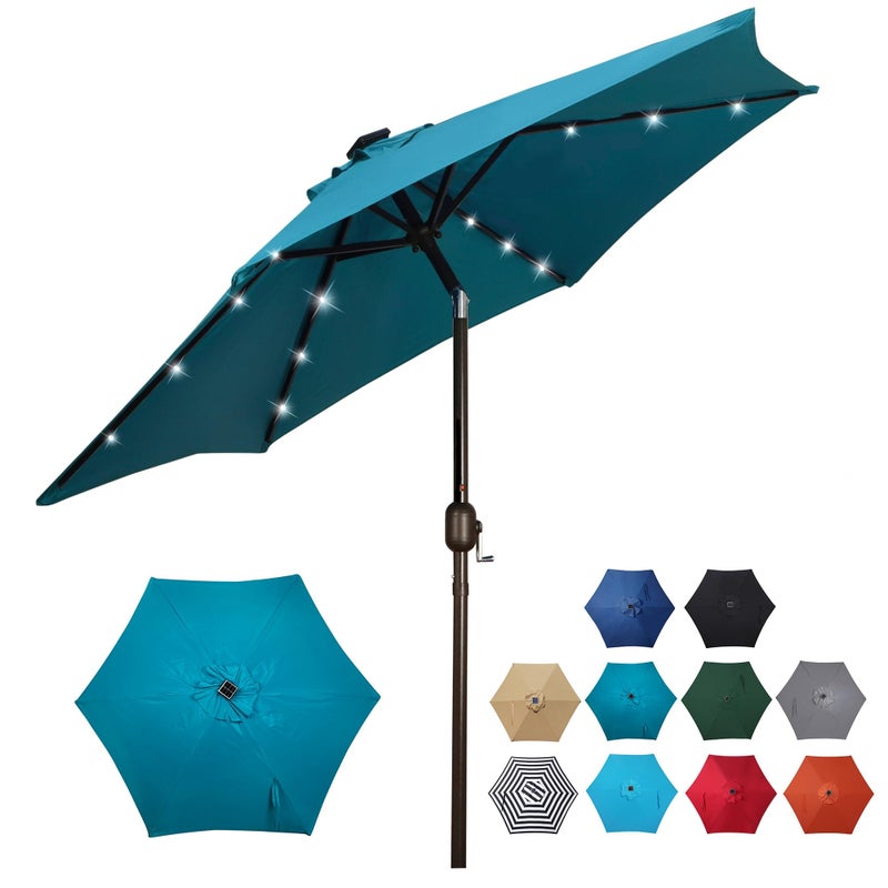 Blissun 7.5 ft Solar Umbrella 18 LED Lighted Patio Umbrella Table Market Umbrella with Tilt and Crank Outdoor Umbrella for Garden, Deck, Backyard, Pool and Beach (Cerulean) - Image 1