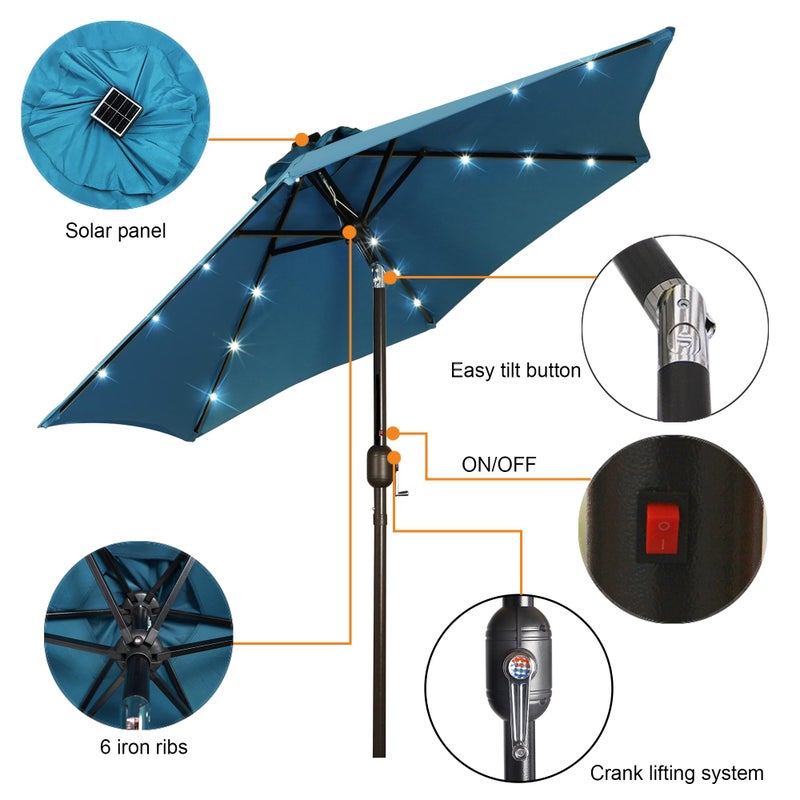 Blissun 7.5 ft Solar Umbrella 18 LED Lighted Patio Umbrella Table Market Umbrella with Tilt and Crank Outdoor Umbrella for Garden, Deck, Backyard, Pool and Beach (Cerulean) - Image 3